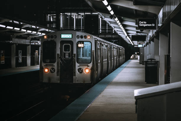 istock Empty train in the station with nobody around at night 1441841205
