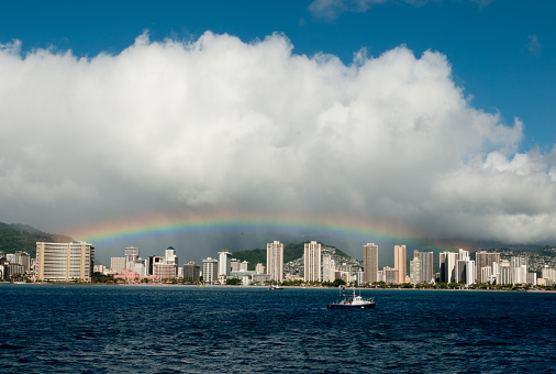 stunning rainbow over Waikiki beach in Hawaii