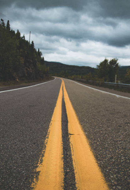 istock Yellow lines on a long asphalt road surrounded by greens under the cloudy sky 1441841892