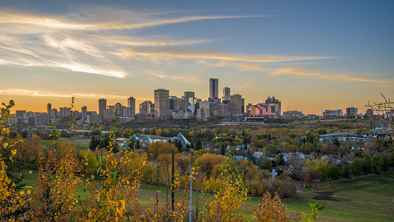 A mesmerizing view of a beautiful Edmonton Skyline at colorful sunset, Alberta, Canada