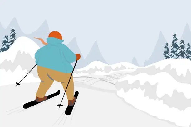 Vector illustration of Skiing man in blue sweater and brow pants on mountain, playing ski, landscape covering by ice and snow in winter season, vector cartoon character drawing