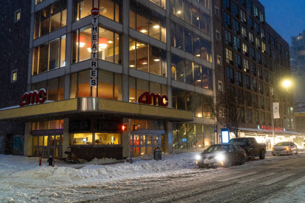 New York, United States – February 03, 2021: An AMC movie theater in New York City, while theaters are closed due to cCO