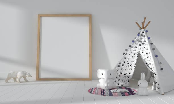 istock 3D rendering of the interior of a modern kids bedroom with a teepee tent and empty frames 1441843664