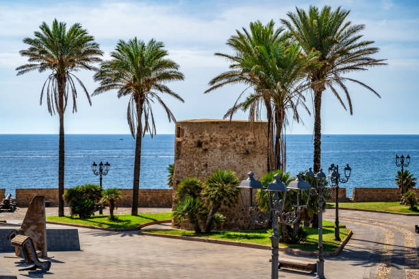 una parte de la muralla de la ciudad de alghero en cerdeña con altas palmeras y mar al fondo - alghero fotografías e imágenes de stock