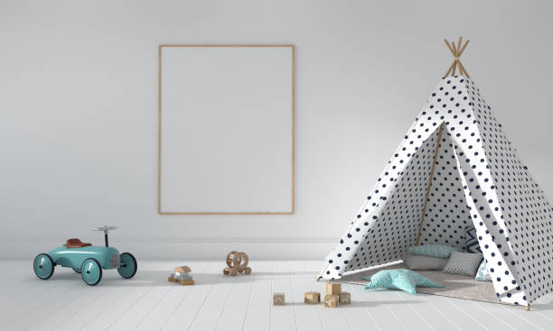 istock 3D rendering of the interior of a modern kids bedroom with a teepee tent and empty frames 1441843681