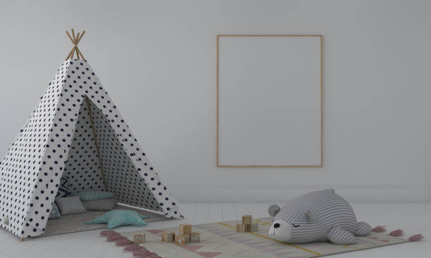 istock 3D rendering of the interior of a modern kids bedroom with a teepee tent and empty frames 1441843682