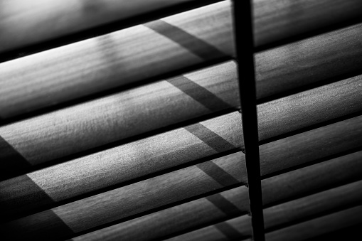 A grayscale shot of window blinds under the sunlight with blurred edges