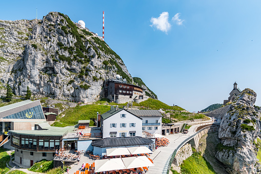 Bayrischzell, Germany – August 13, 2018: A view of the Wendelstein and the Wendelsteinhaus in nice weather with blue sky