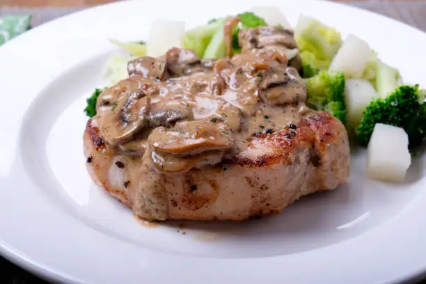 Photo of seared pork chop, mushroom gravy with kohlrabi