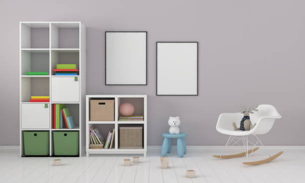 istock 3D rendering illustration of a modern minimalist kids room or nursery - empty frames for copy space 1441843972