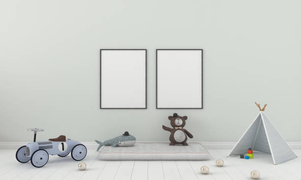 istock 3D rendering illustration of a modern minimalist kids room or nursery - empty frames for copy space 1441843974