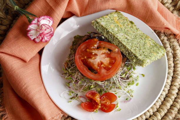 Vegan broccoli bread vegan broccoli flat bread sandwich made with almond flour, eggs, herbs and filled with sprouts, mozzarella cheese, mushrooms and tomatoes ketosis stock pictures, royalty-free photos & images