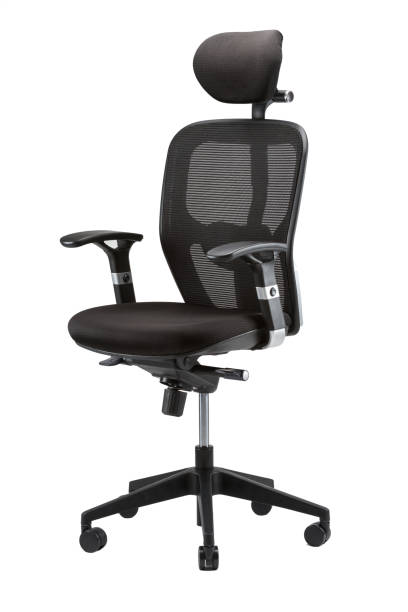 istock Vertical partial side view of black office chair with headrest isolated on white background 1441845229