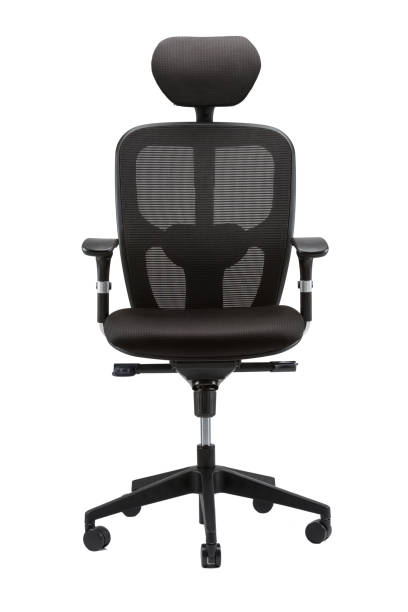 istock Vertical front view of black office chair with headrest isolated on white background 1441846281
