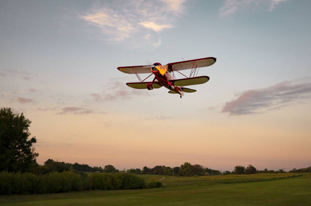 istock Low angle shot of a plane flying under a sunset sky 1441846403