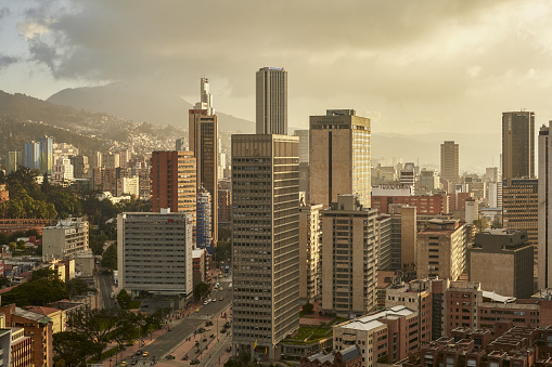 The skyline of Bogota city in Columbia during sunset