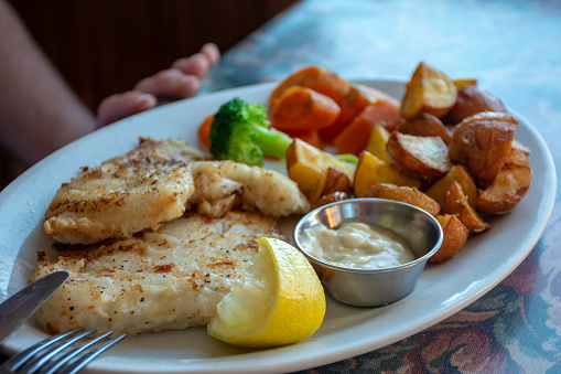 Fish and chips with broccoli and carrots on a white plate, Newfoundland.