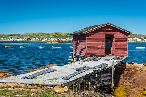 Old red fishing shed, Fogo Island, Newfoundland and Labrador, Canada.