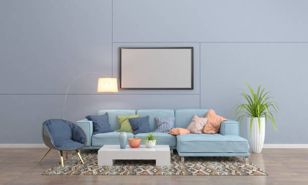 istock 3D render of a modern living room with a blank frame on the wall 1441846708