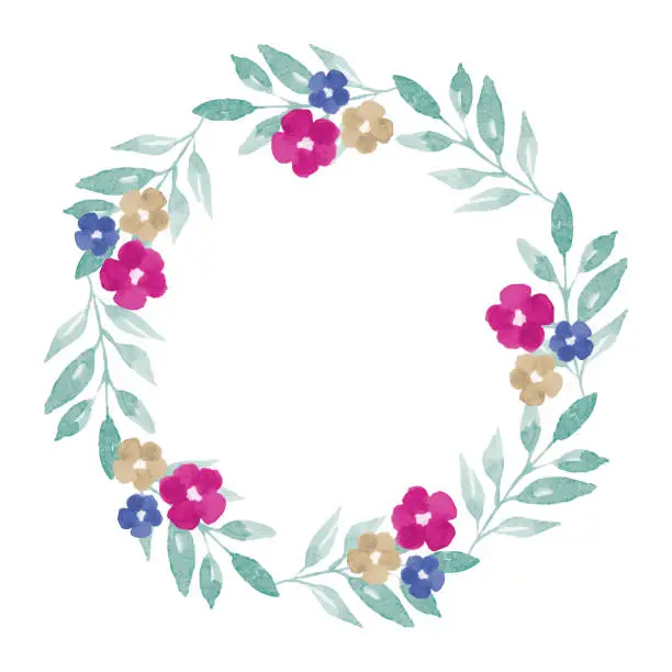 Vector illustration of Wreath of three colors of flowers painted with watercolor