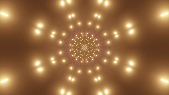 An illustration of geometric shapes of gold glowing lights with a kaleidoscope pattern i