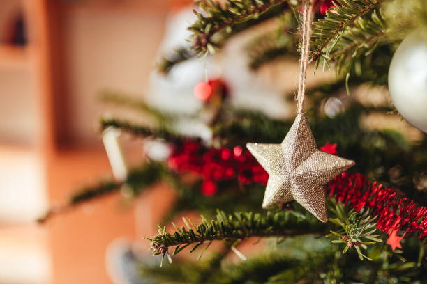 istock Selective focus shot of star ornament hanging on Christmas tree 1441847647