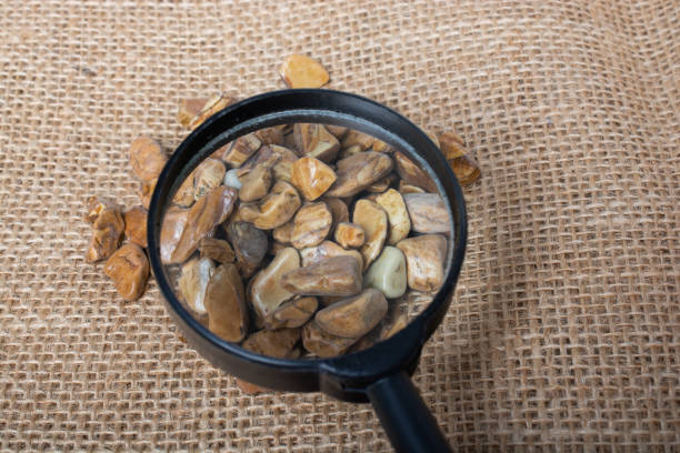 A closeup of small brown pebbles seen through a magnifying glass on a brown surface