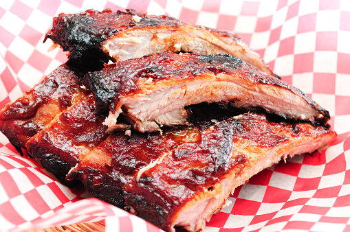 pork bbq ribs, meaty ribs smothered with bbq sauce