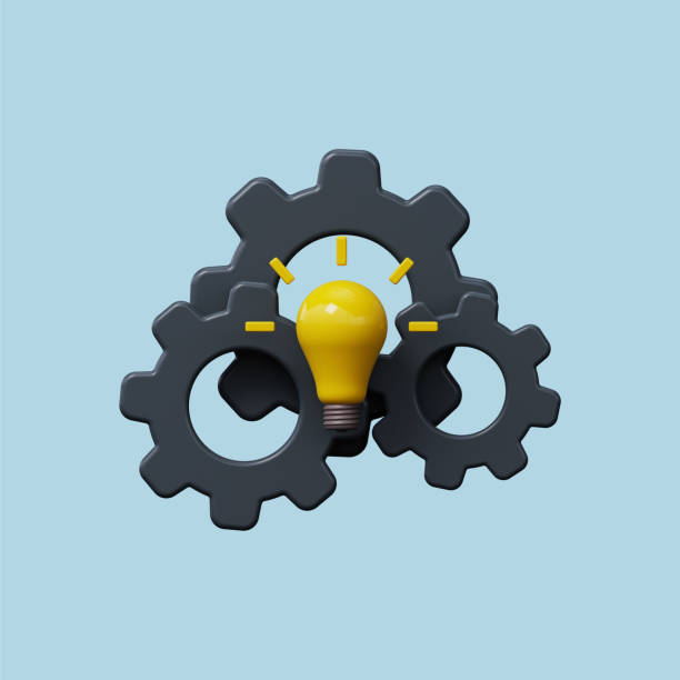 istock Idea icon Incandescent lamp with gear wheel symbols 3D render 1441848531
