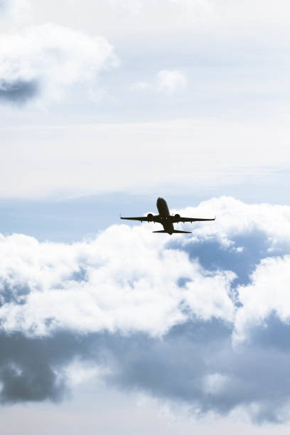 istock Vertical shot of a plane flying under a cloudy sky and sunlight at daytime 1441849781