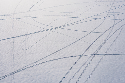 The tracks of snowkiting at Wayzata Yacht Club in Wayzata, Minnesota,