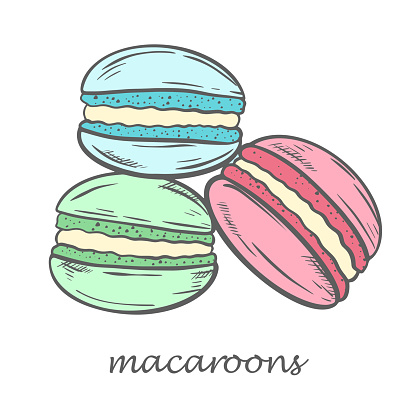 French traditional macaroons drawn sketch, vector illustration. Hand drawing sweet tender cute cookies different colors. Isolated object pastry, baking