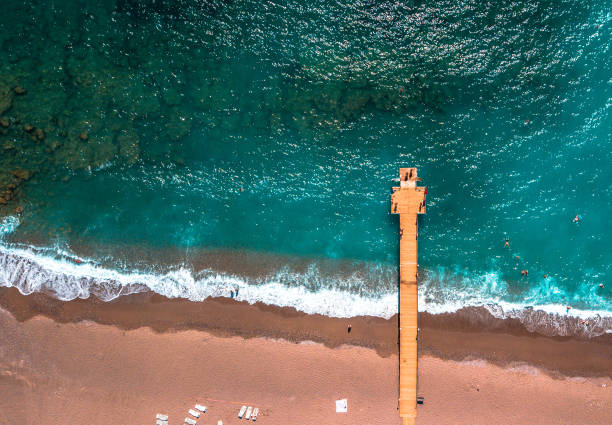istock Top view of foam waves hitting a sandy seashore 1441850844