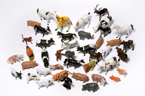 A closeup top view of small plastic different animal figurines on a reflective white surface