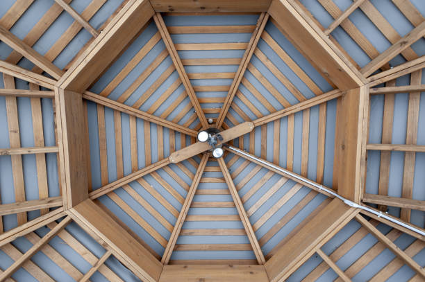 The wooden ceiling structure of a pavilion or gazebo