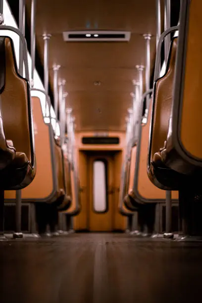 The empty brown leather seats in the subway in Brussels,Belgium