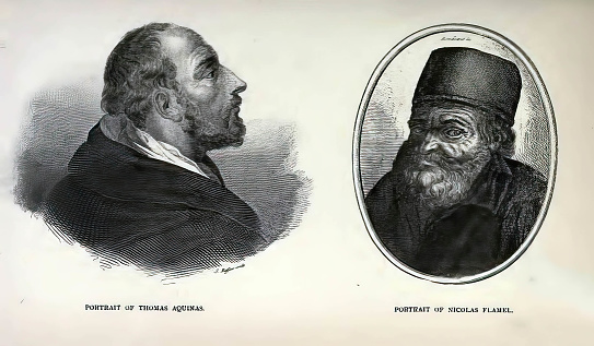 An illustration of the portraits of Nicolas Flamel and Thomas Aquinas in an old alchemy book