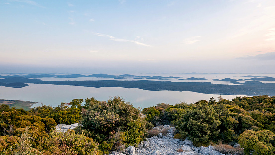 Beautiful seascape with islands and clear sky. Lake, sea, archipelago, dalmatia, mediterranean, adriatic. Lake Vrana, Vransko Jezero, Croatia.