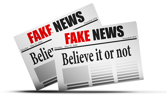 A 3d rendering of a mockup of fake news newspapers isolated on a white background