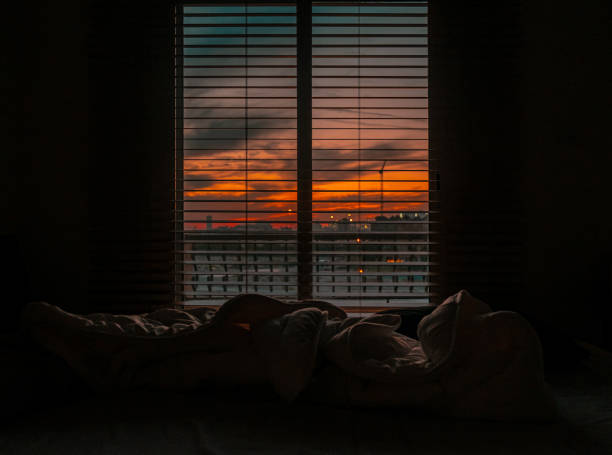 Businessman working from home on a laptop, enjoying a stunning sunset view over the tranquil sea. Golden hour light streaming through the window creates a cozy atmosphere in the home office