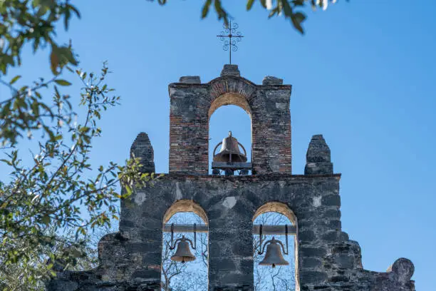 The bells atop the church at the Mission Espada, a UNESCO World Heritage Site in San Antonio, Texas.