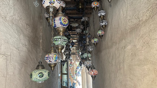 Arabic hanging lamps for bedrooms in a souk of the United Arab Emirates