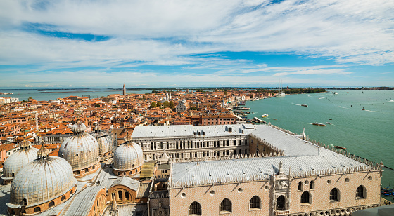 Venice, Italy - September 23, 2019: Aerial view of Venice. Beautiful Venice view with blue cloudy sky. Venice, Italy.
