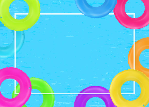 istock Swim rings frame. Summertime poster. Inflatable rubber toy. Colorful vector vacation background. Top view swim rings for ocean, sea, pool. 1441855043