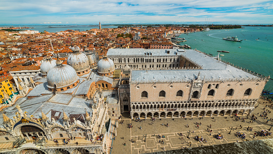 Venice, Italy - September 23, 2019: Aerial view of Venice. Beautiful Venice view with blue cloudy sky. Venice, Italy.