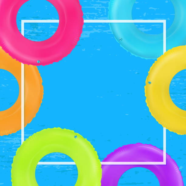 istock Swim rings frame. Summertime poster. Inflatable rubber toy. Colorful vector vacation background. Top view swim rings for ocean, sea, pool. 1441855064
