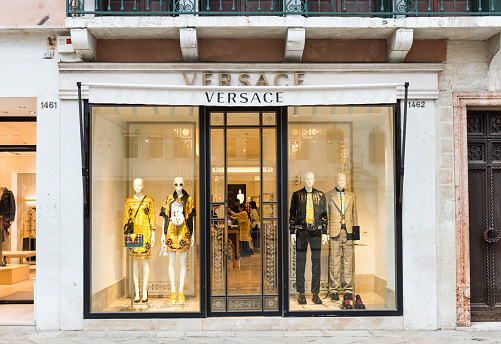 Venice, Italy - September 24, 2019: Versace Store in Venice. Fashion and shopping street (Calle Larga XXII Marzo).