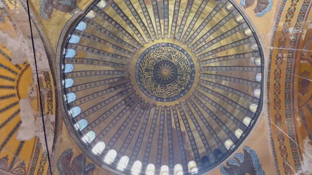 Ceiling of the dome of Hagia Sophia muslim mosque in Istanbul city