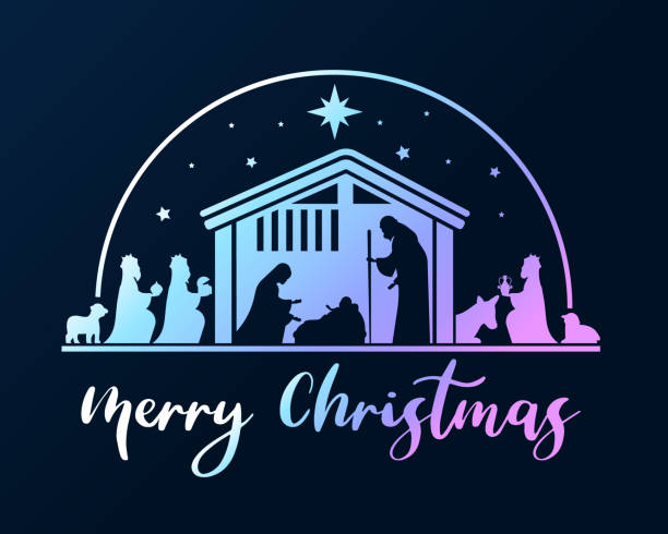 illustrazioni stock, clip art, cartoni animati e icone di tendenza di buon natale con la scena della natività di gesù viola blu sfumata e i re magi nella notte oscura con la stella sul disegno vettoriale di sfondo scuro - nativity scene jesus christ three wise men christmas