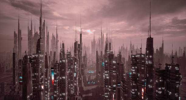 istock Futuristic cyberpunk city and metaverse concept, 3d render 1441857841